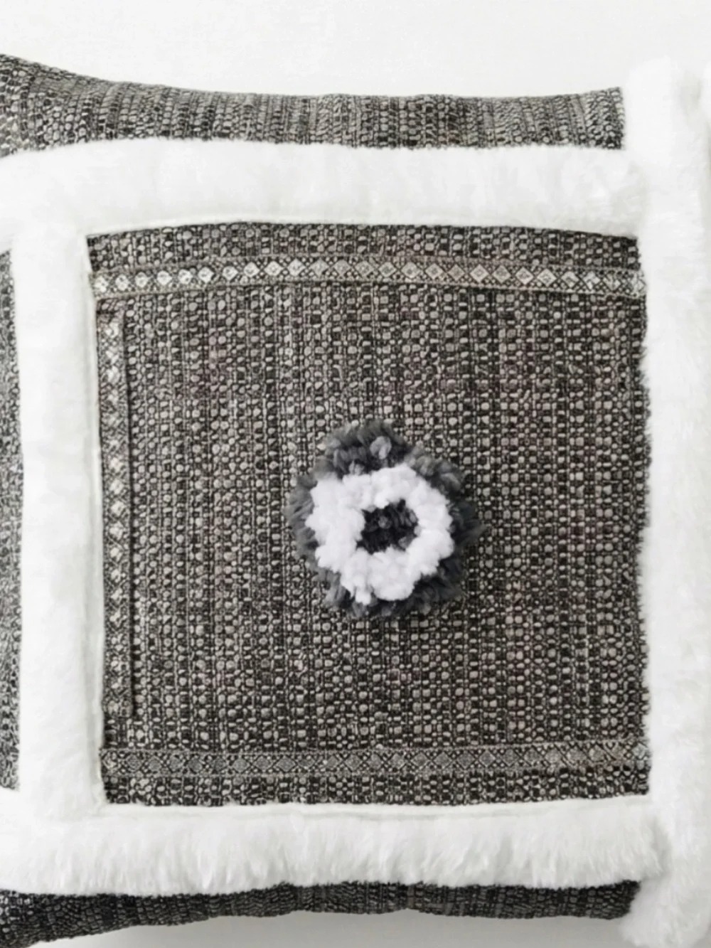 Luxury Tweed Accent cushion cover. 20/20 inch Faux Fur,Grey,ivoryand silver.